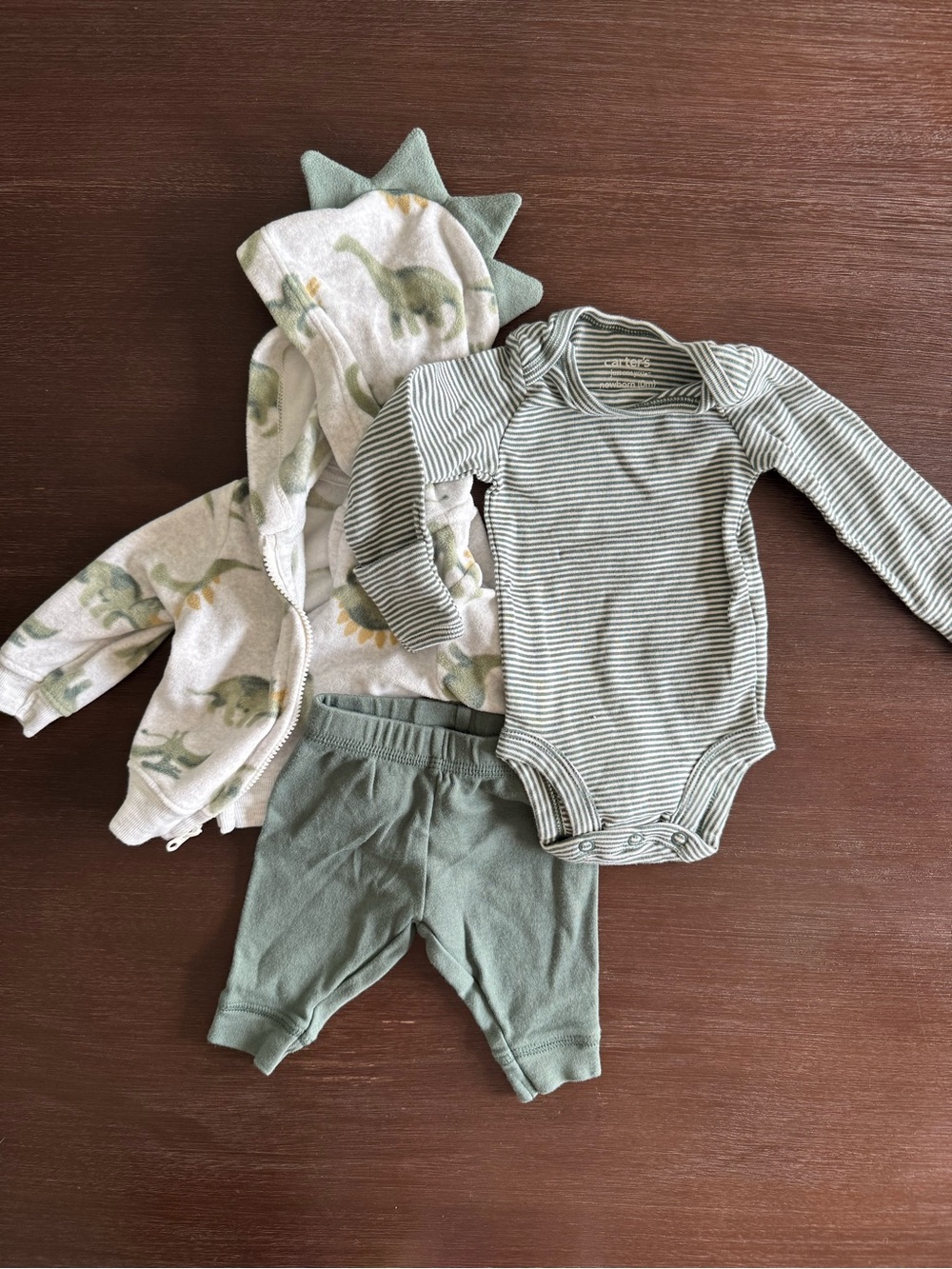 Carter's (just one you) Green and White Striped/Dinosaur Newborn outfit.